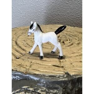 Vintage Mini Horse Figurine White Black Glaze Ceramic Foal Miniature Decor